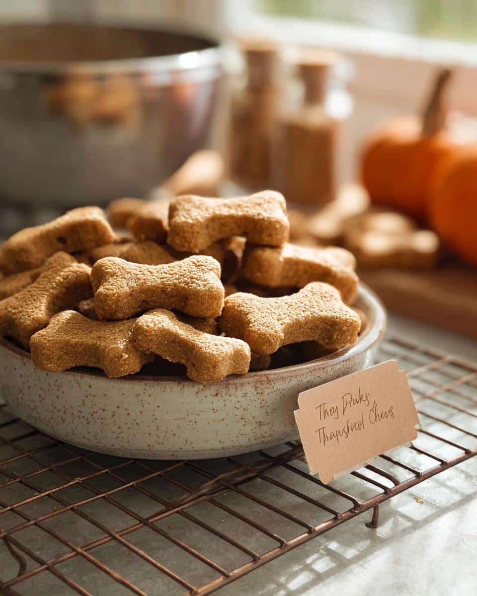 A bowl filled with bone-shaped Turkey & Pumpkin Chews for Dogs resting on a cooling rack.