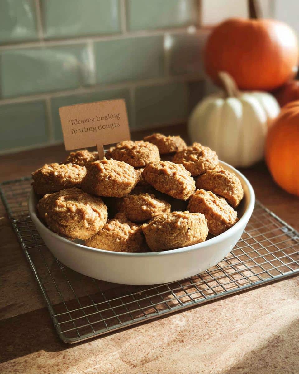 A bowl filled with homemade Turkey & Pumpkin Chews for Dogs resting on a cooling rack, with small pumpkins in the background.