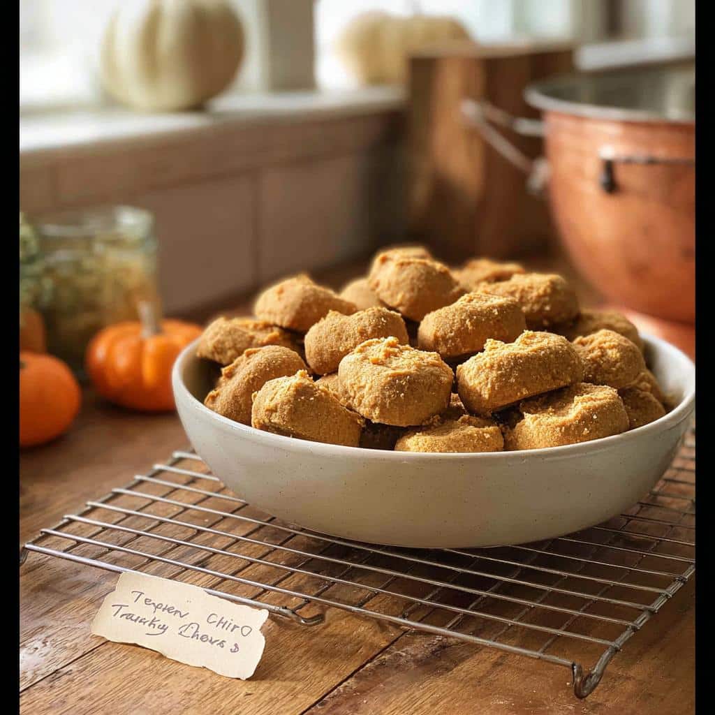 A bowl filled with freshly baked Turkey & Pumpkin Chews for Dogs cooling on a wire rack.