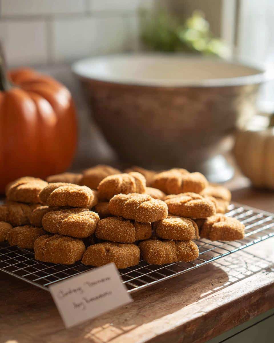 A pile of freshly baked, pumpkin-colored Turkey & Pumpkin Chews for Dogs cooling on a wire rack.