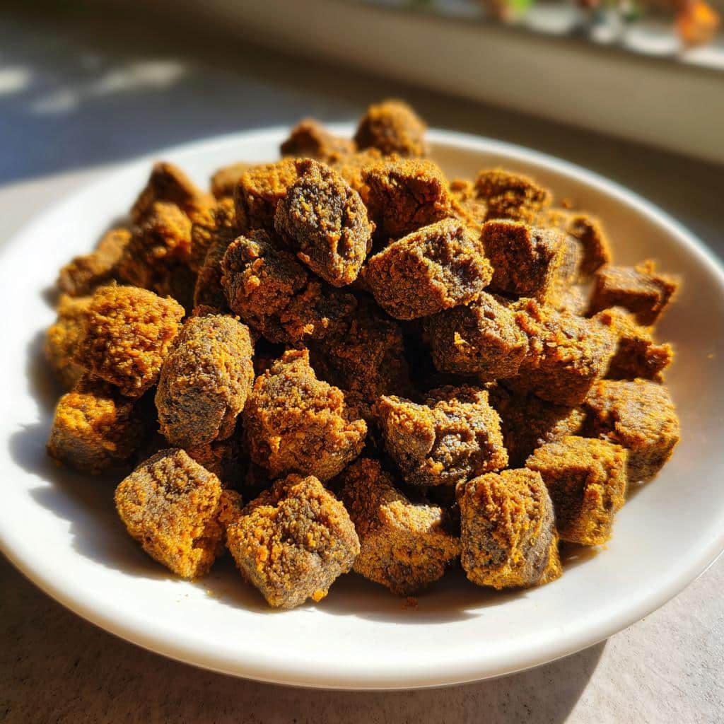 A white bowl filled with dark, cube-shaped Turkey & Sweet Potato Kibble for Dogs, coated in orange seasoning.
