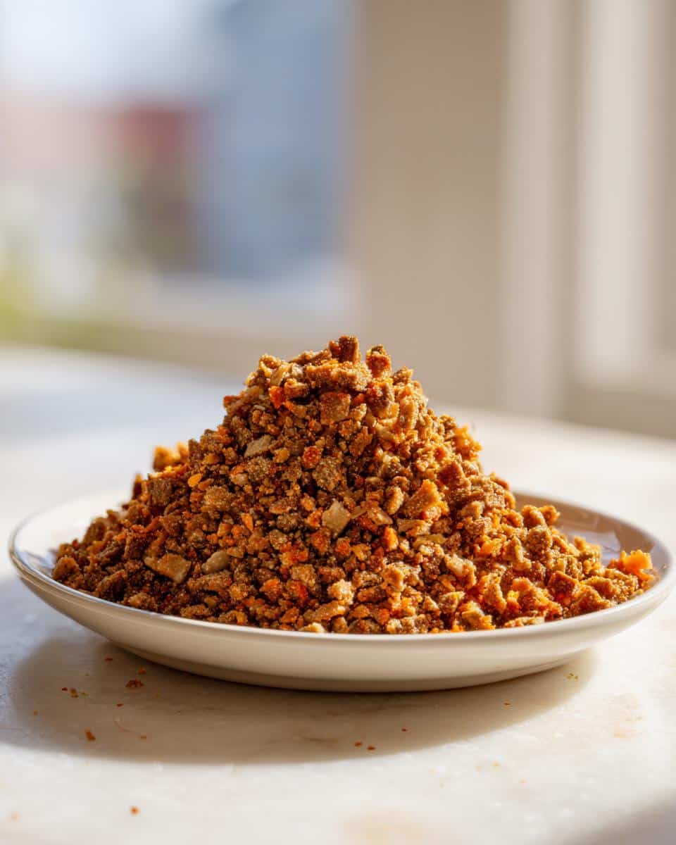 A mound of homemade Turkey & Sweet Potato Kibble for Dogs piled high on a white plate.
