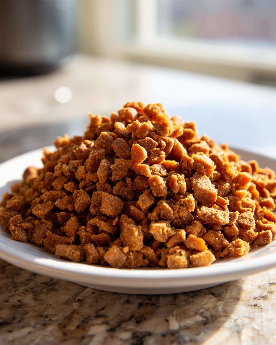 A mound of crunchy, brown Turkey & Sweet Potato Kibble for Dogs piled high on a white plate.