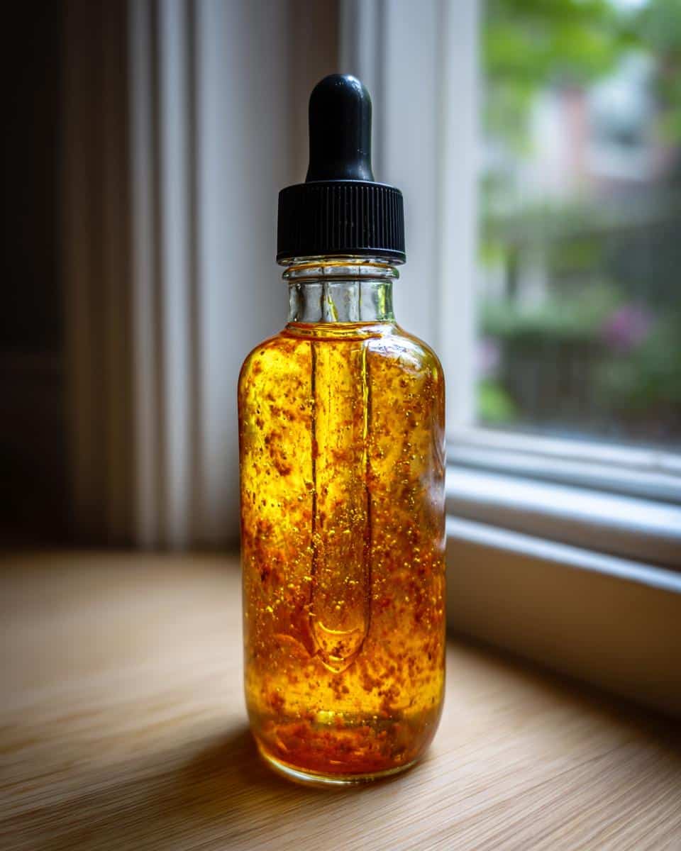 A glass dropper bottle filled with golden, speckled Tumeric Honey Immunity dog drops, sitting on a wooden surface.