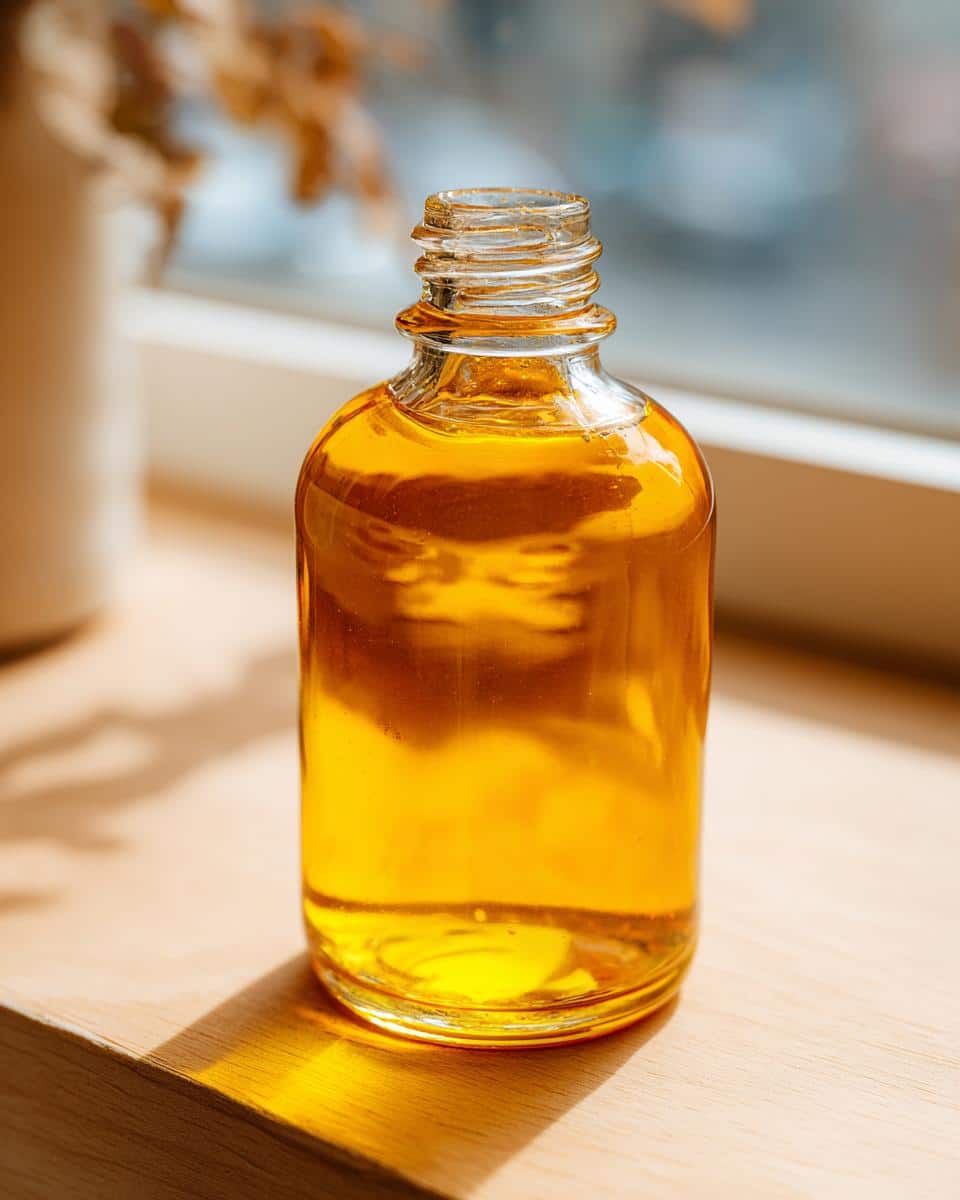 A small glass bottle filled with golden liquid, representing Turmeric Honey Immunity dog drops, sitting in sunlight.