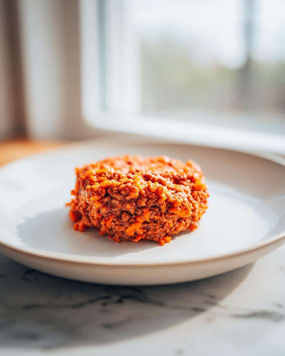 Close-up of a single, uncooked Beef & Carrot Burgers for Dogs patty on a white plate.