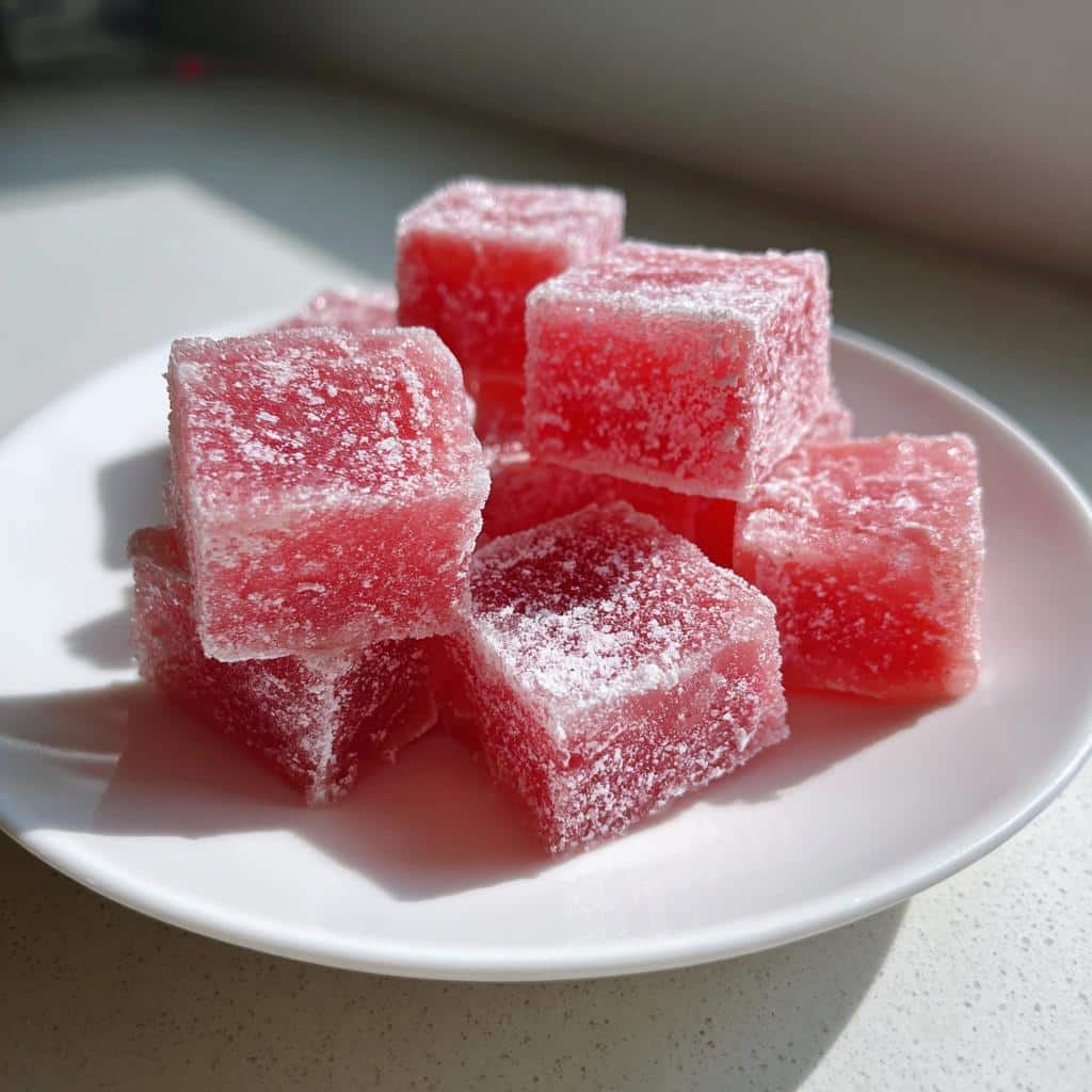 Close-up of bright pink Watermelon and Mint Frozen Dog Treats cut into cubes and dusted with powder, served on a white plate.