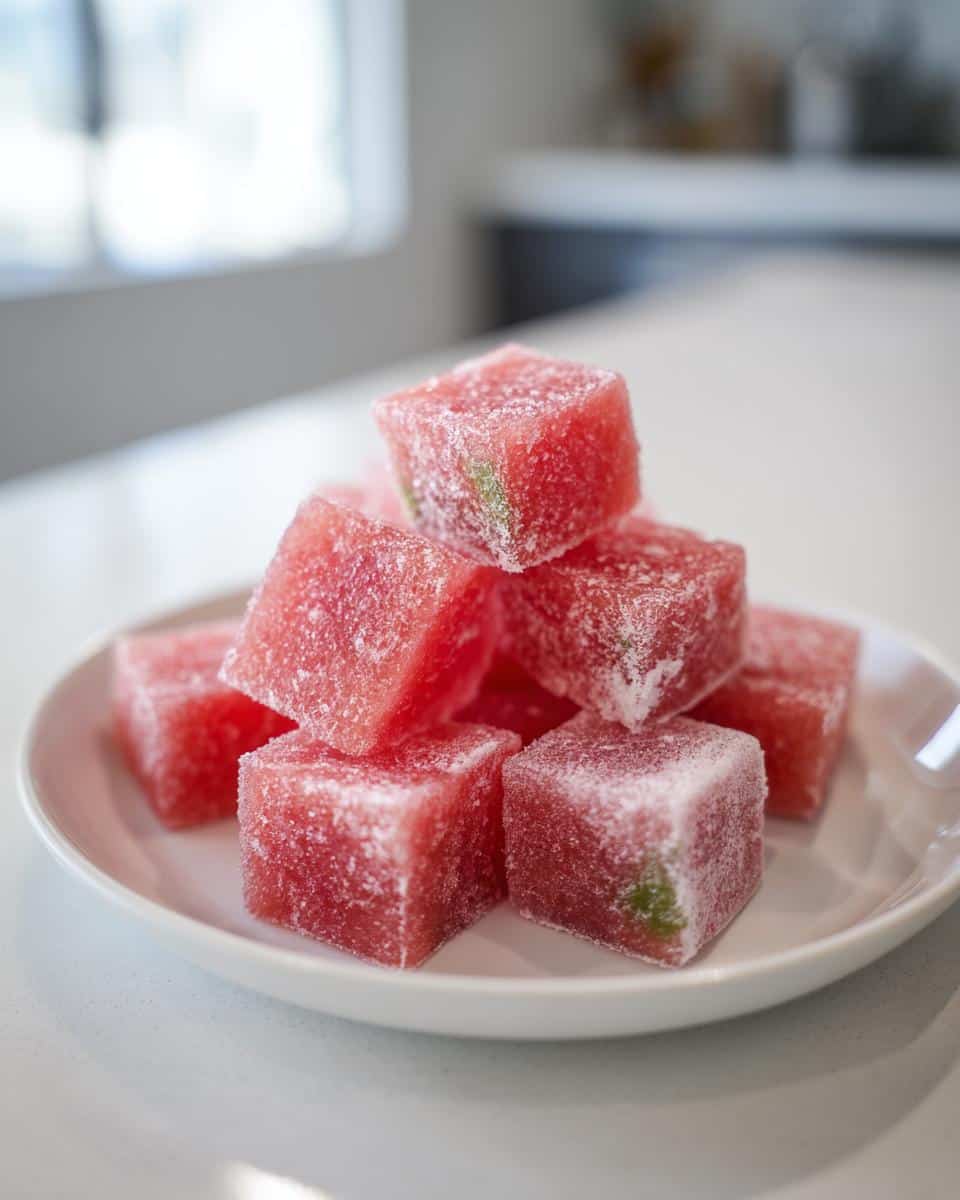 Close-up of frozen Watermelon and Mint Frozen Dog Treats cubes stacked on a small white plate.