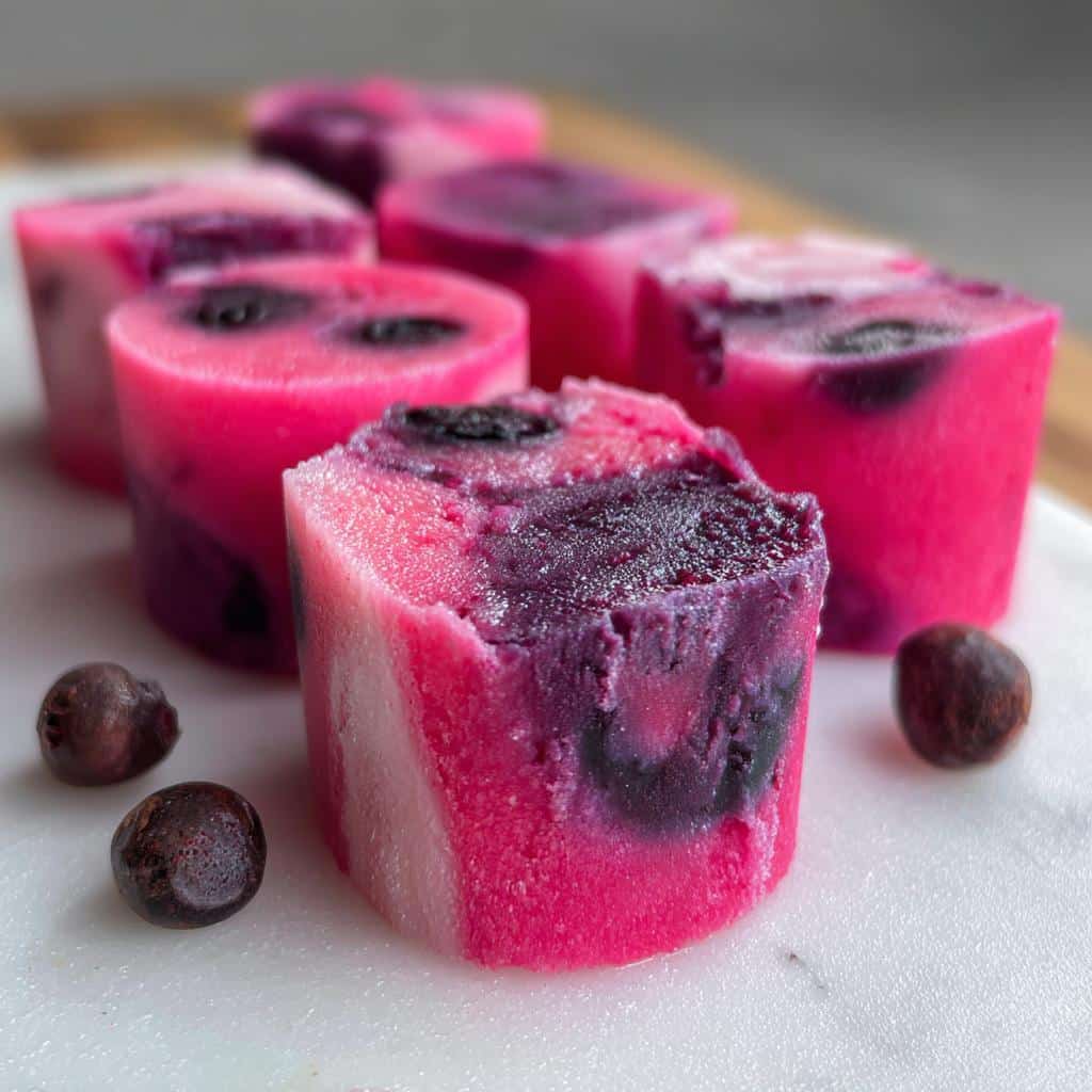Close-up of a pink and purple frozen Watermelon & Blueberry Swirl Bites For Dogs treat, showing the swirl texture.