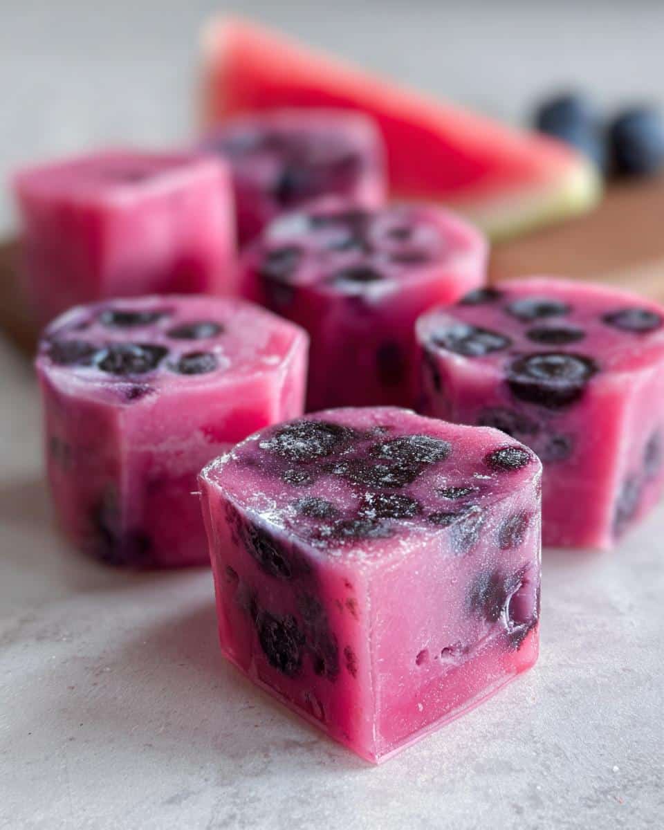 Close-up of frozen Watermelon & Blueberry Swirl Bites For Dogs, showing pink cubes embedded with dark blueberries.