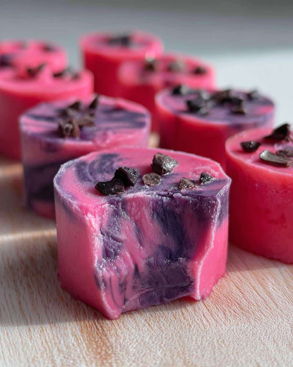 Close-up of Watermelon & Blueberry Swirl Bites For Dogs, showing pink and purple swirls and dark topping.