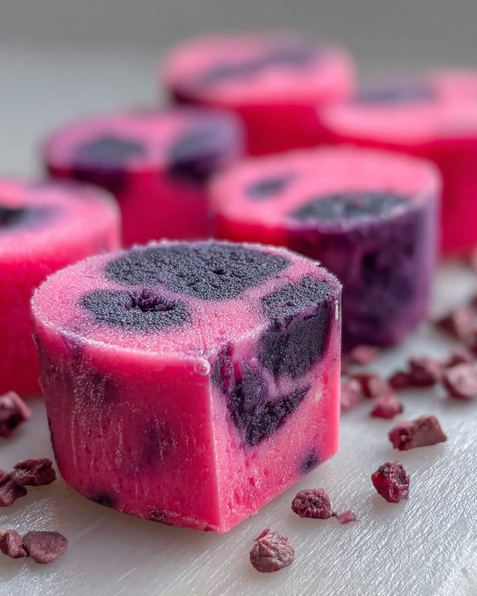 Close-up of a vibrant pink and purple Watermelon & Blueberry Swirl Bites For Dogs treat, showing the frozen, swirled texture.