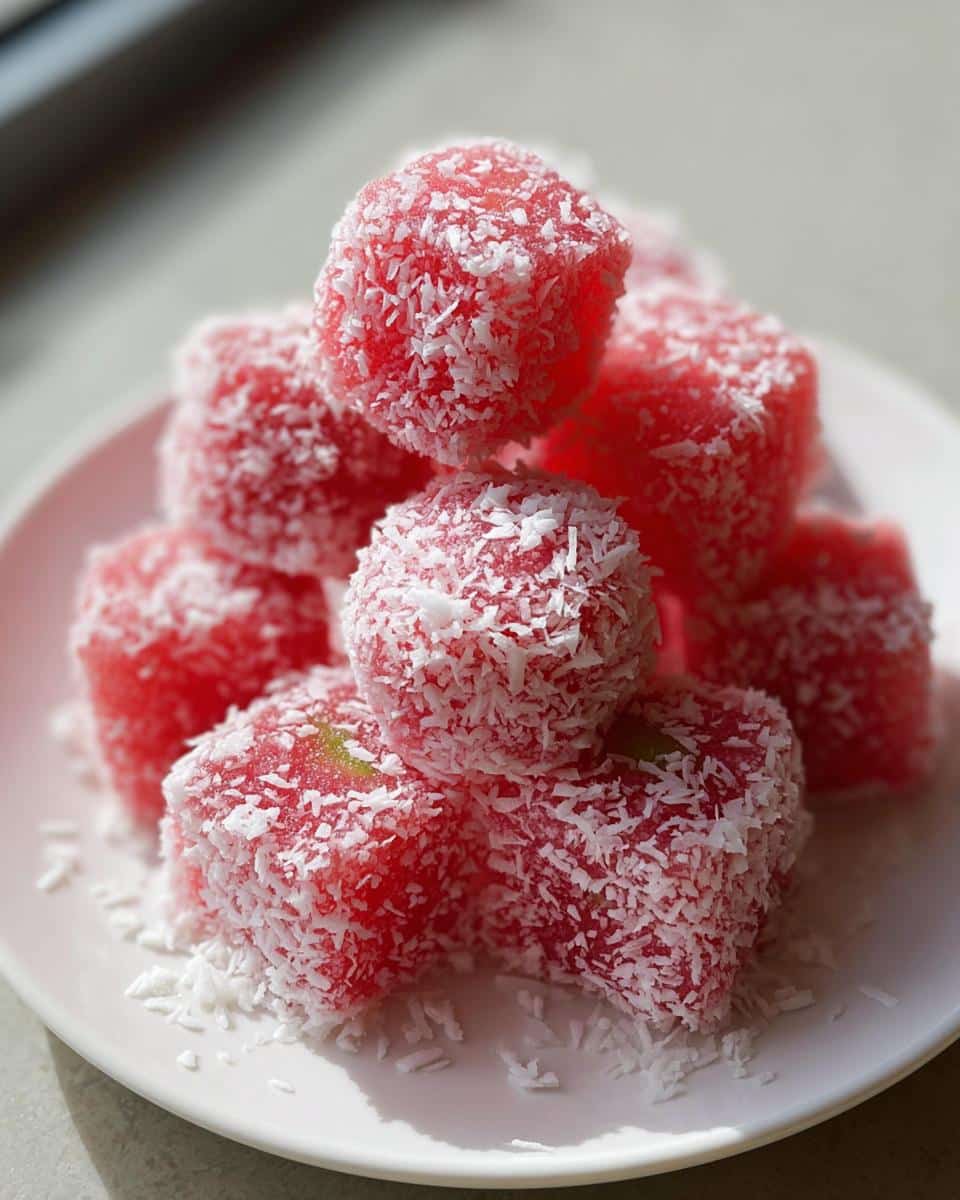 A stack of bright pink Watermelon coconout freeze bites coated generously in shredded white coconut flakes.
