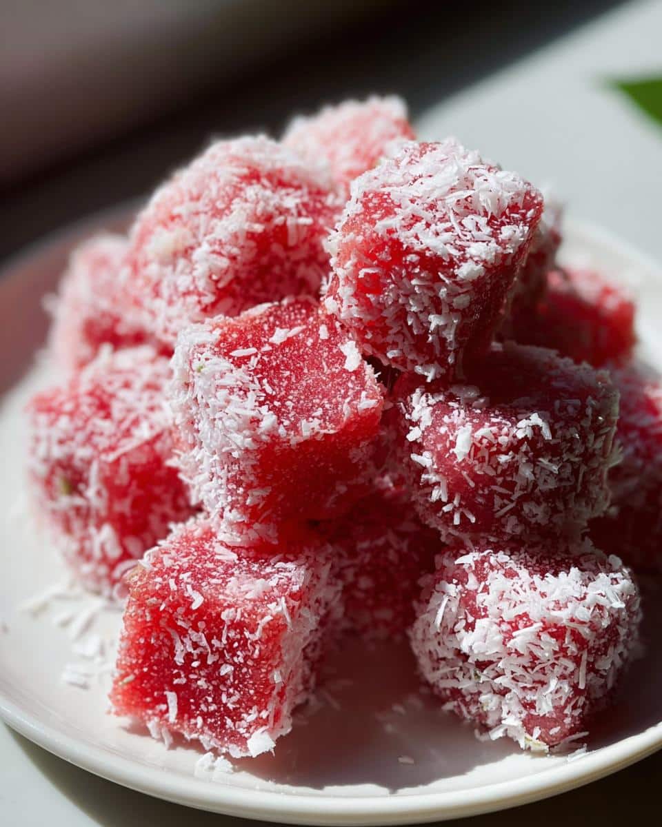 Close-up of bright pink Watermelon coconut freeze bites stacked on a white plate, generously coated in white shredded coconut.