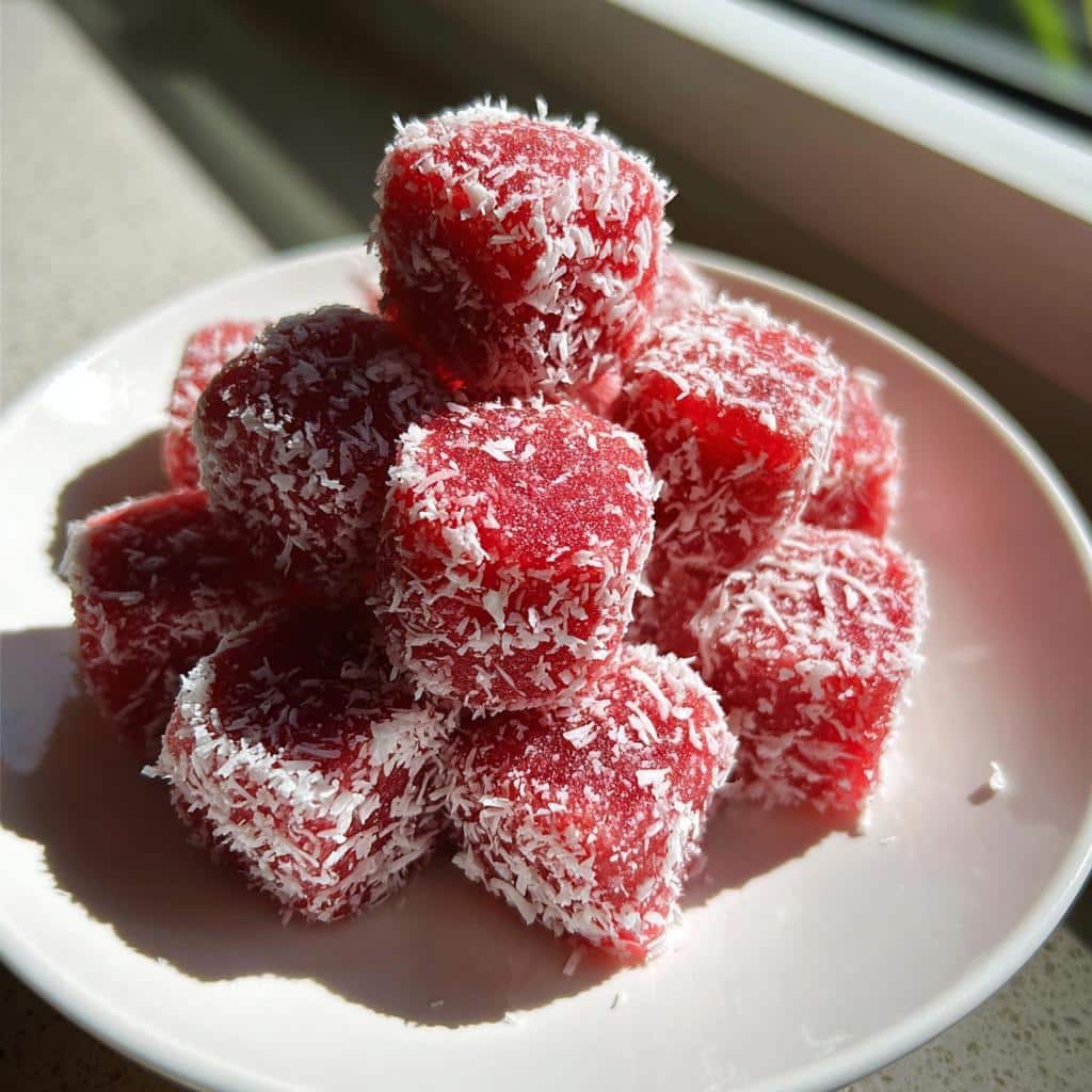 A stack of bright red Watermelon coconut freeze bites coated in shredded coconut on a white plate.