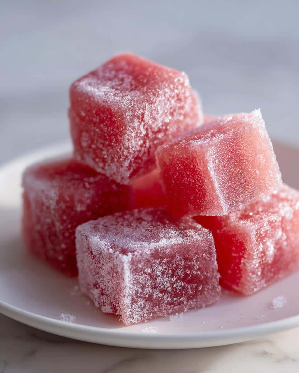 Stack of frozen Watermelon and Mint Frozen Dog Treats cubes dusted with frost on a white plate.