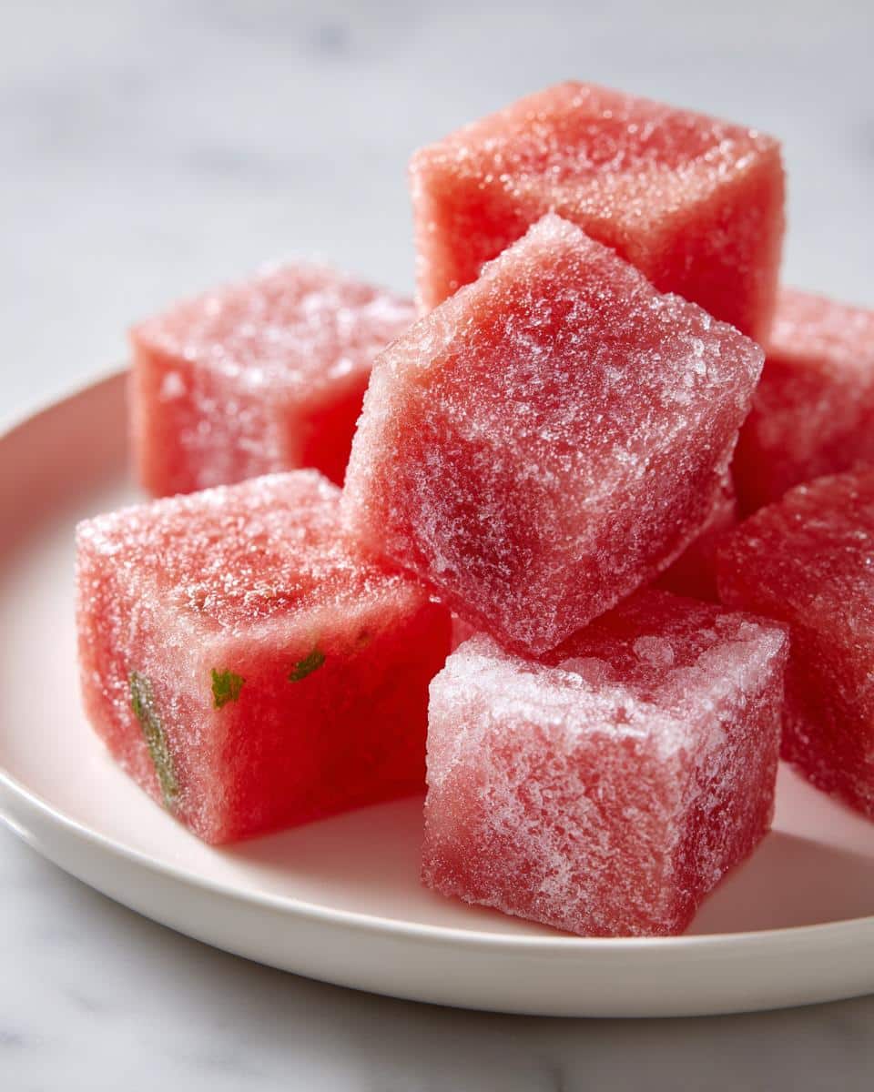 Close-up of frozen cubes of watermelon and mint, perfect for Watermelon and Mint Frozen Dog Treats.