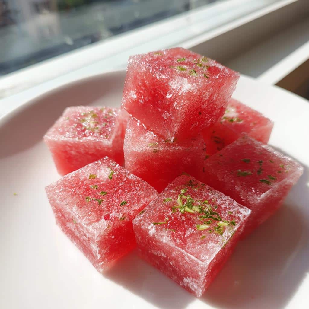 Close-up of frozen watermelon mint frozen treats for dogs, cut into bright red cubes and sprinkled with mint.