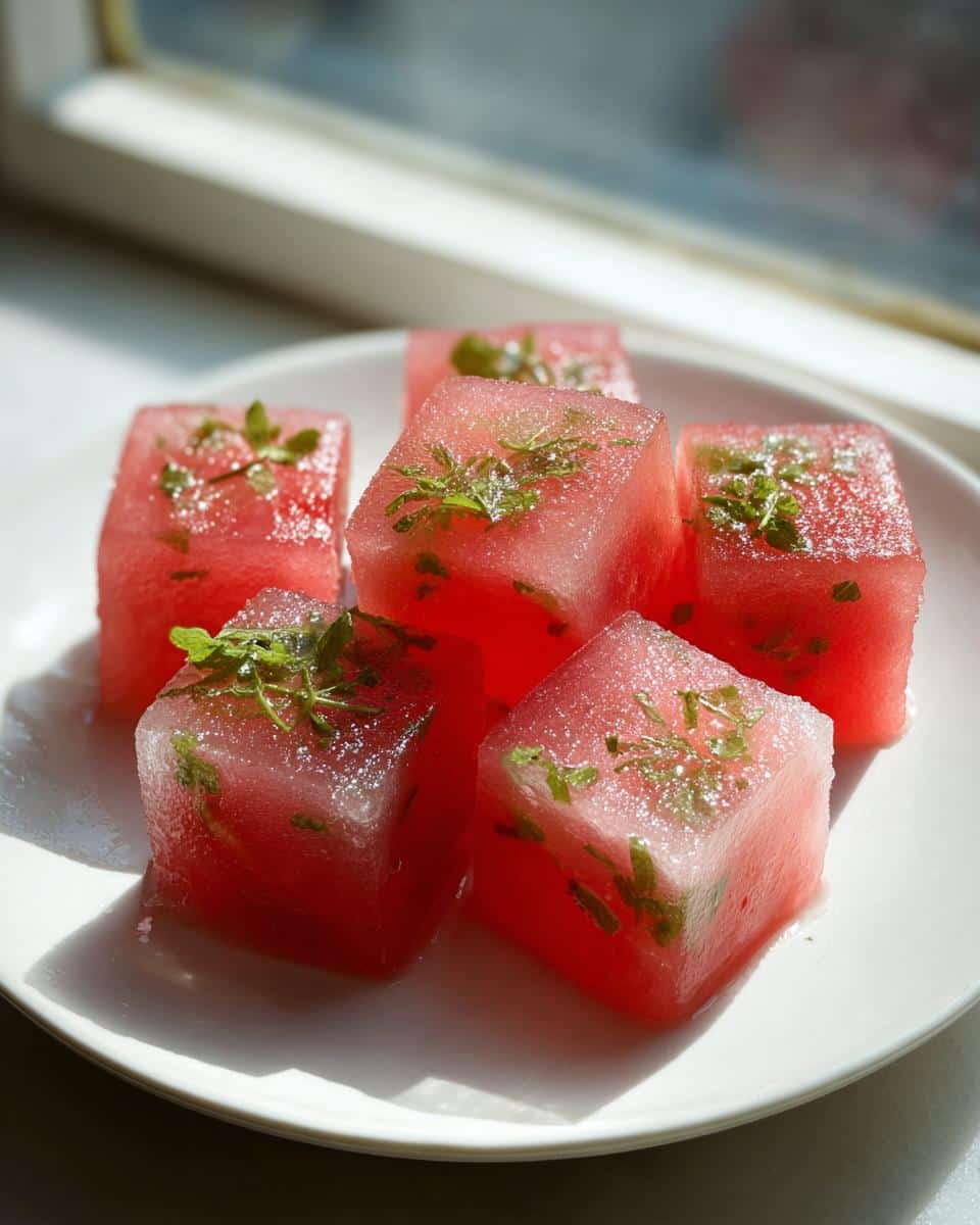 Close-up of frozen watermelon mint frozen treats for dogs shaped like bright red cubes with mint leaves.