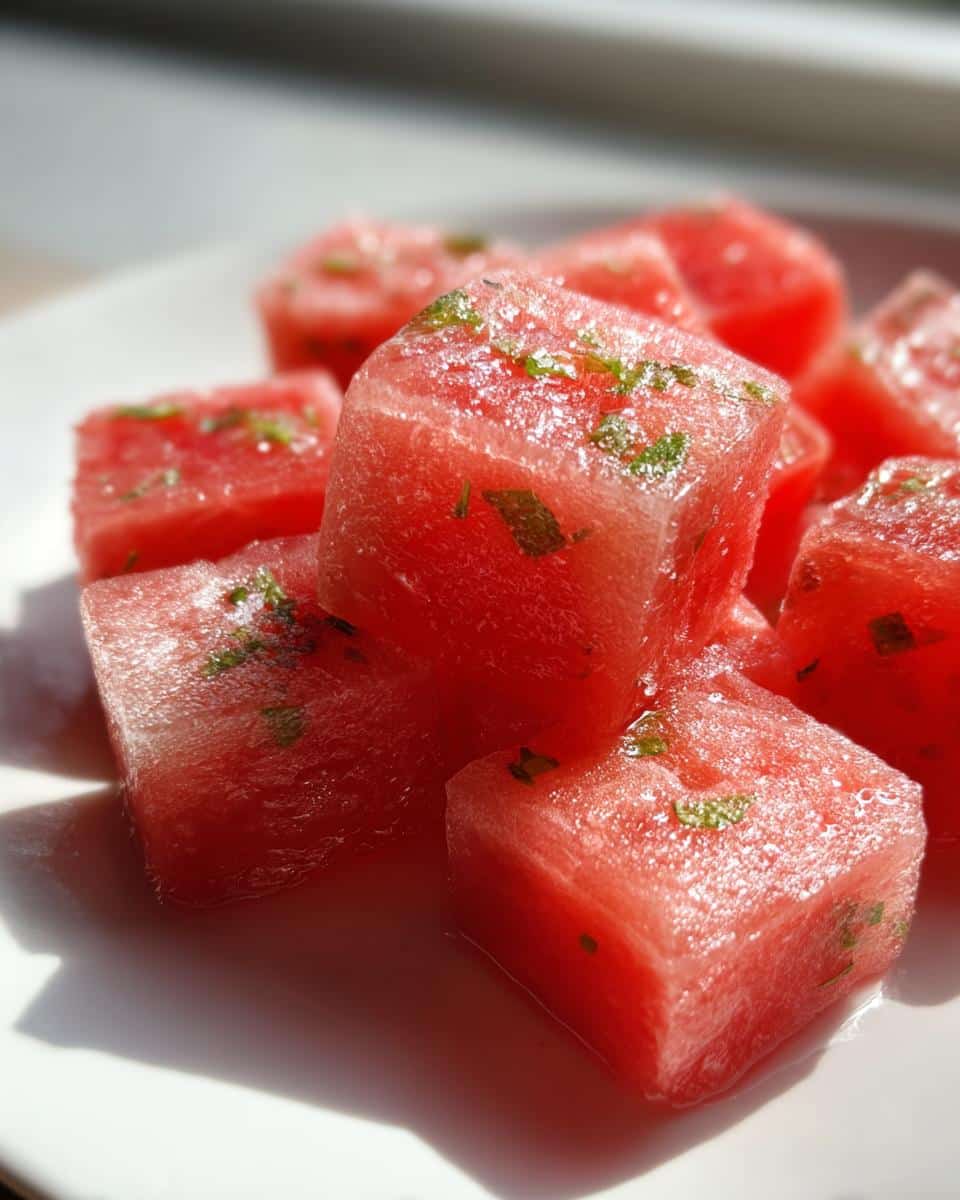 Close-up of frozen watermelon cubes sprinkled with chopped mint, perfect for Watermelon Mint Frozen Treats for dogs.