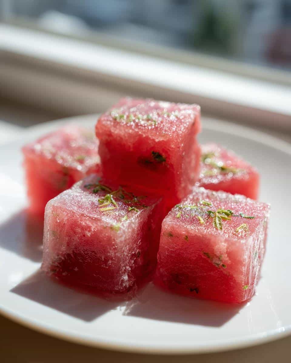 Close-up of several glistening, cube-shaped Watermelon Mint Frozen Treats for dogs topped with chopped mint.