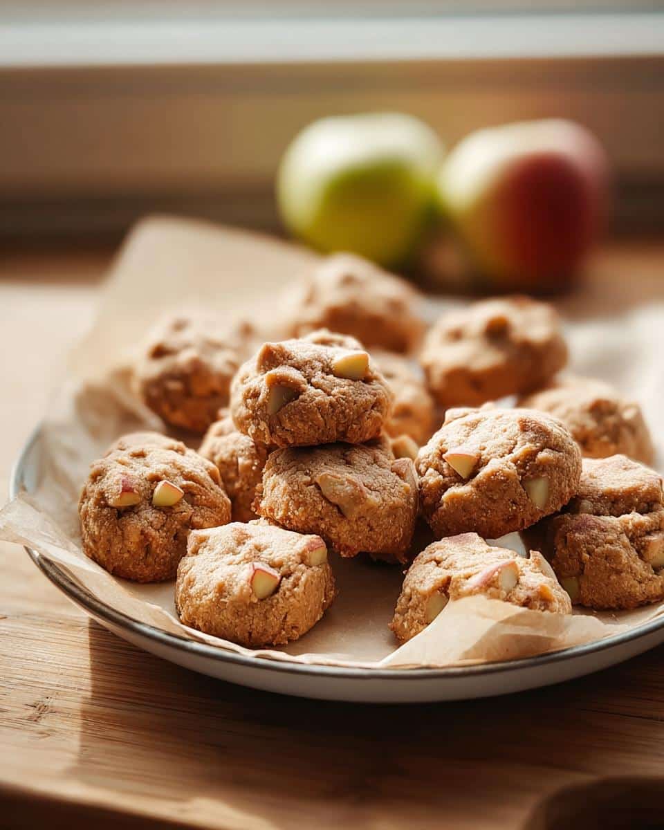A plate of homemade dog treats featuring visible apple chunks, inspired by the Chicken and Apple Farmer’s Dog Food Recipe.
