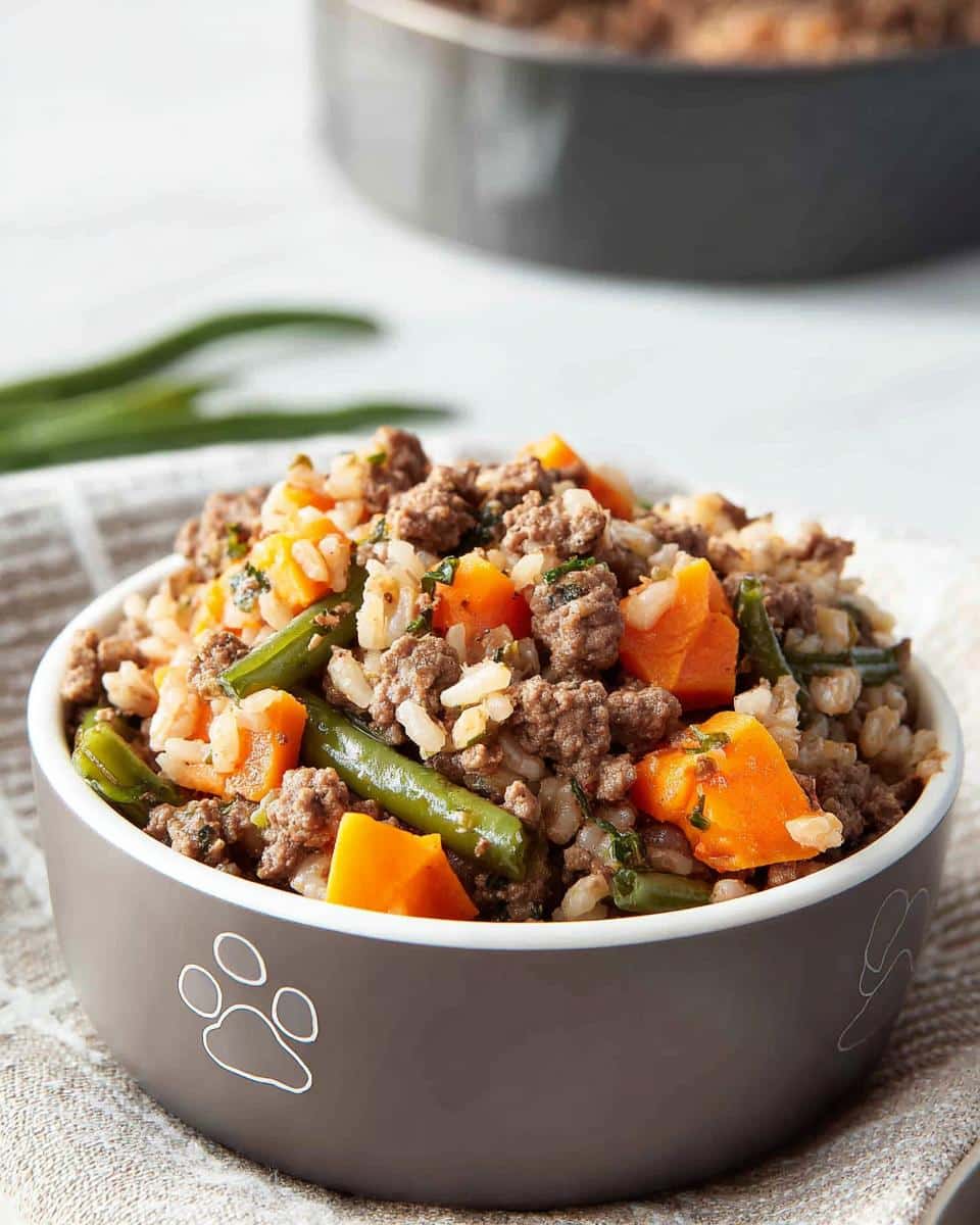 Close-up of a dog bowl filled with homemade Beef and Brown Rice Farmer’s Dog Food Recipe, featuring ground beef, rice, carrots, and green beans.