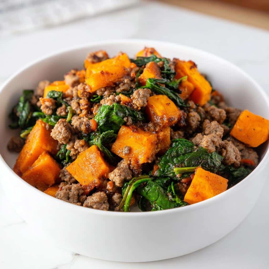 Close-up of the Beef and Sweet Potato Medley dog recipe mixture in a white bowl.
