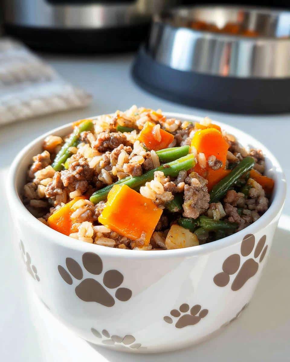 Close-up of homemade Beef and Brown Rice Farmer’s Dog Food Recipe in a white bowl with paw prints.