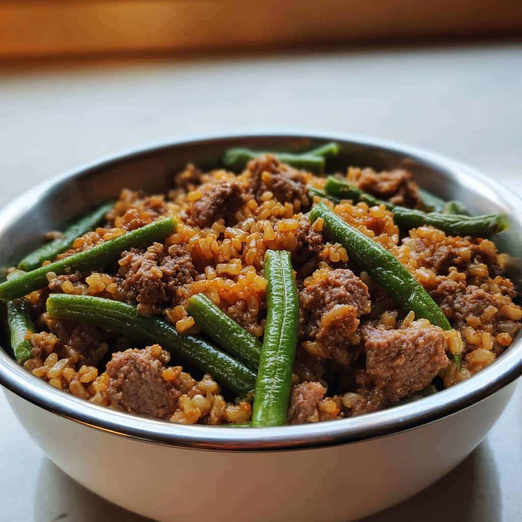 Close-up of a metal bowl filled with homemade Beef, Brown Rice & Green Beans Homemade Dog Food.