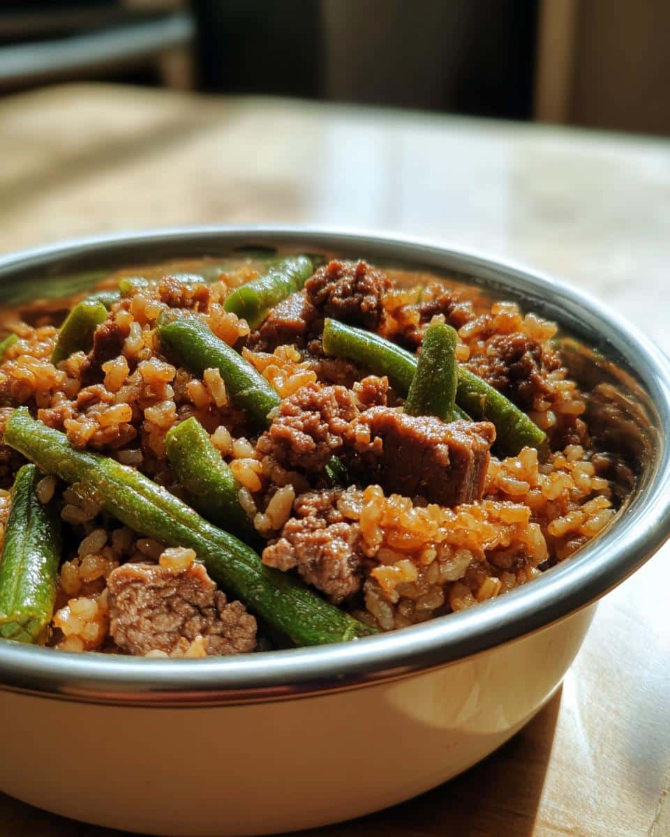 A stainless steel bowl filled with homemade Beef, Brown Rice & Green Beans Homemade Dog Food mixture, ready to serve.