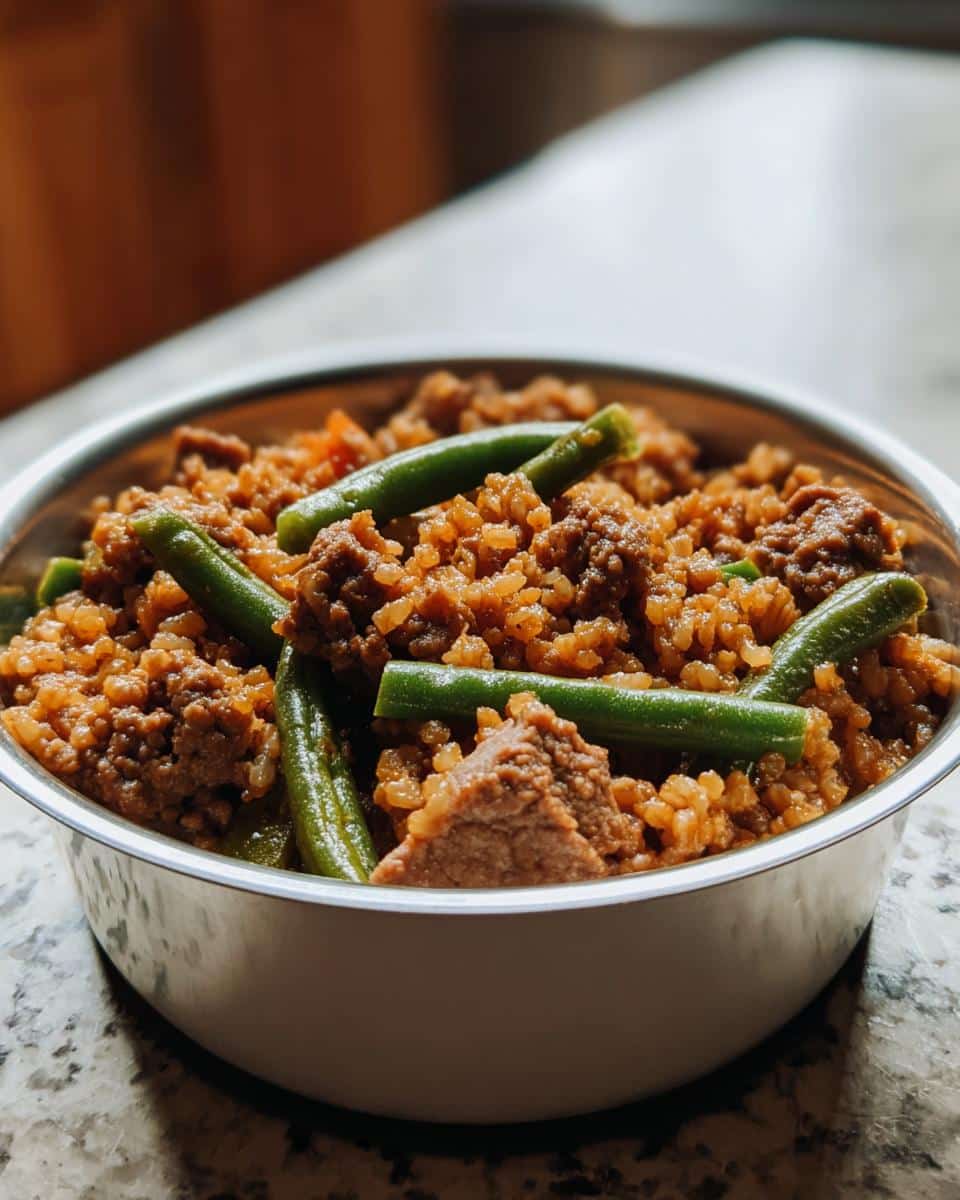 A metal bowl filled with homemade Beef, Brown Rice & Green Beans Homemade Dog Food mixture.