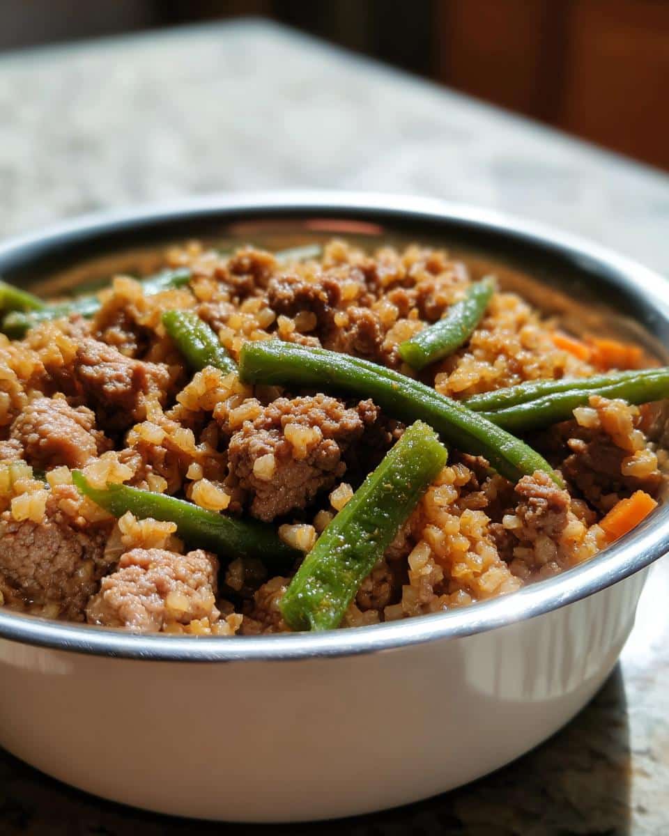 Close-up of a bowl filled with homemade Beef, Brown Rice & Green Beans Homemade Dog Food mixture.