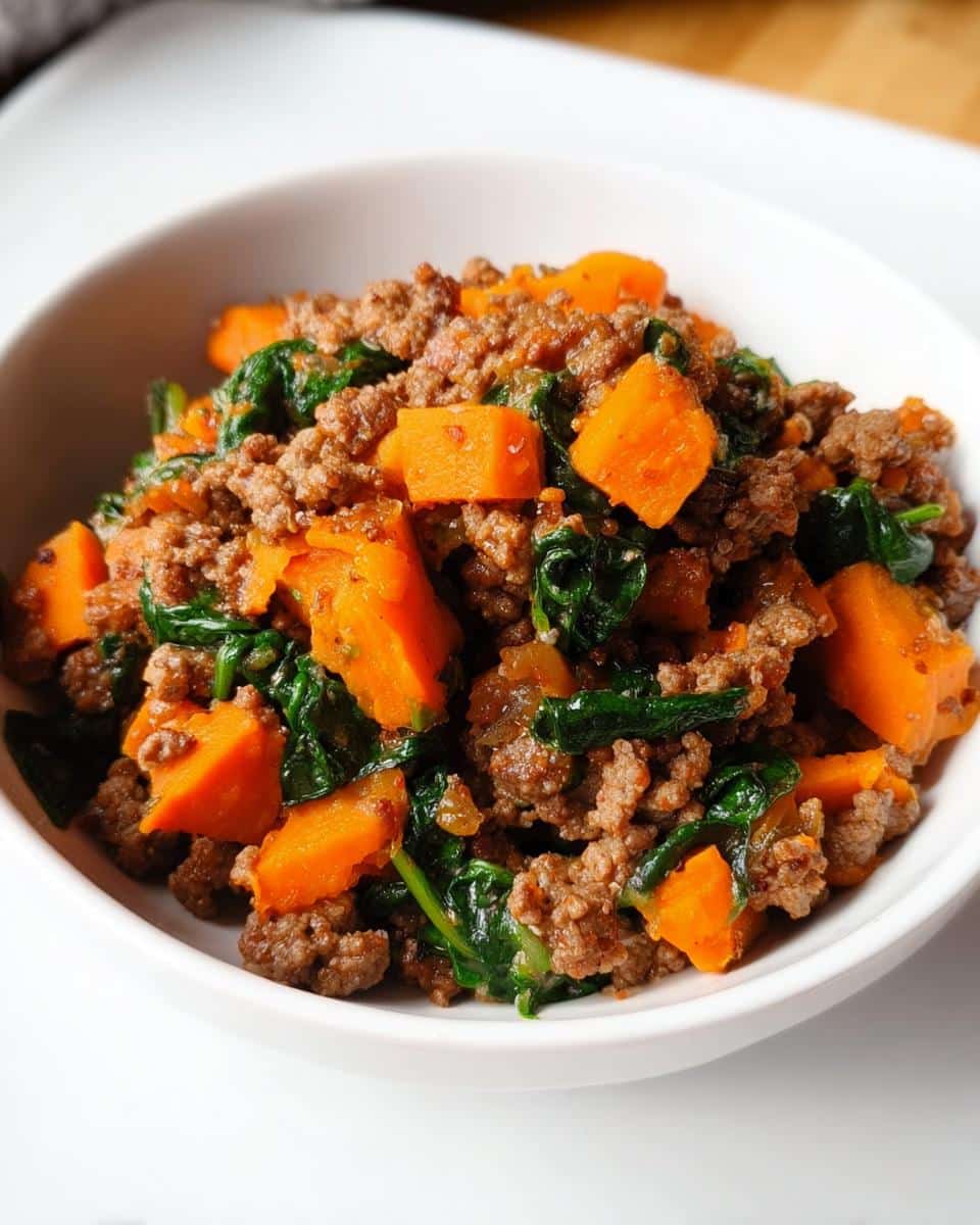 Close-up of homemade Beef, Oats & Sweet Potato Homemade Dog Food in a white bowl.