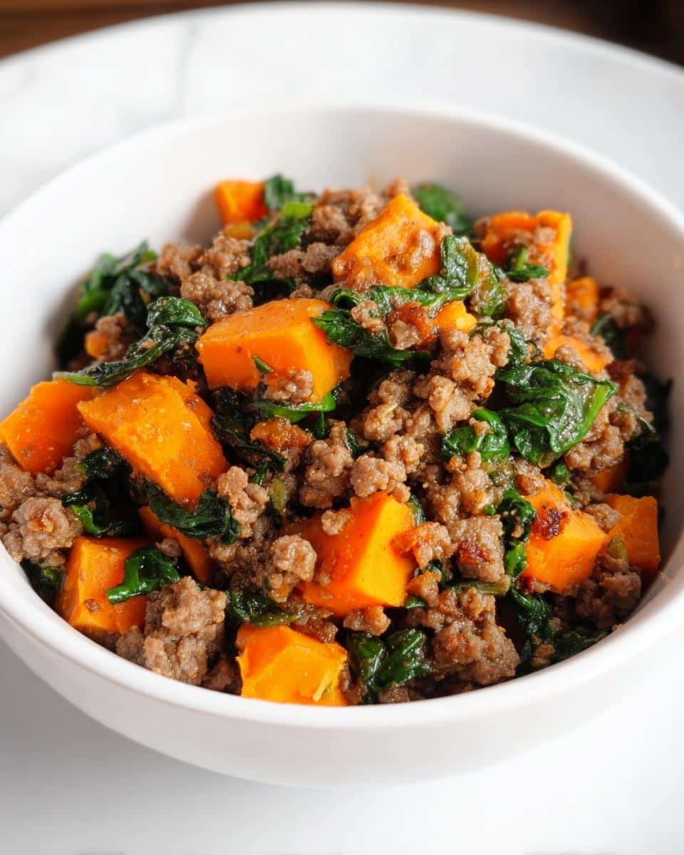 Close-up of homemade dog food featuring ground beef, bright orange sweet potato cubes, and wilted spinach.