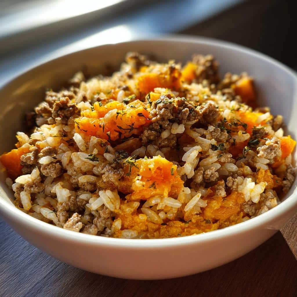 A white bowl filled with Beef & Pumpkin Mini-Batch Dog Food, showing ground beef, rice, and orange pumpkin chunks.