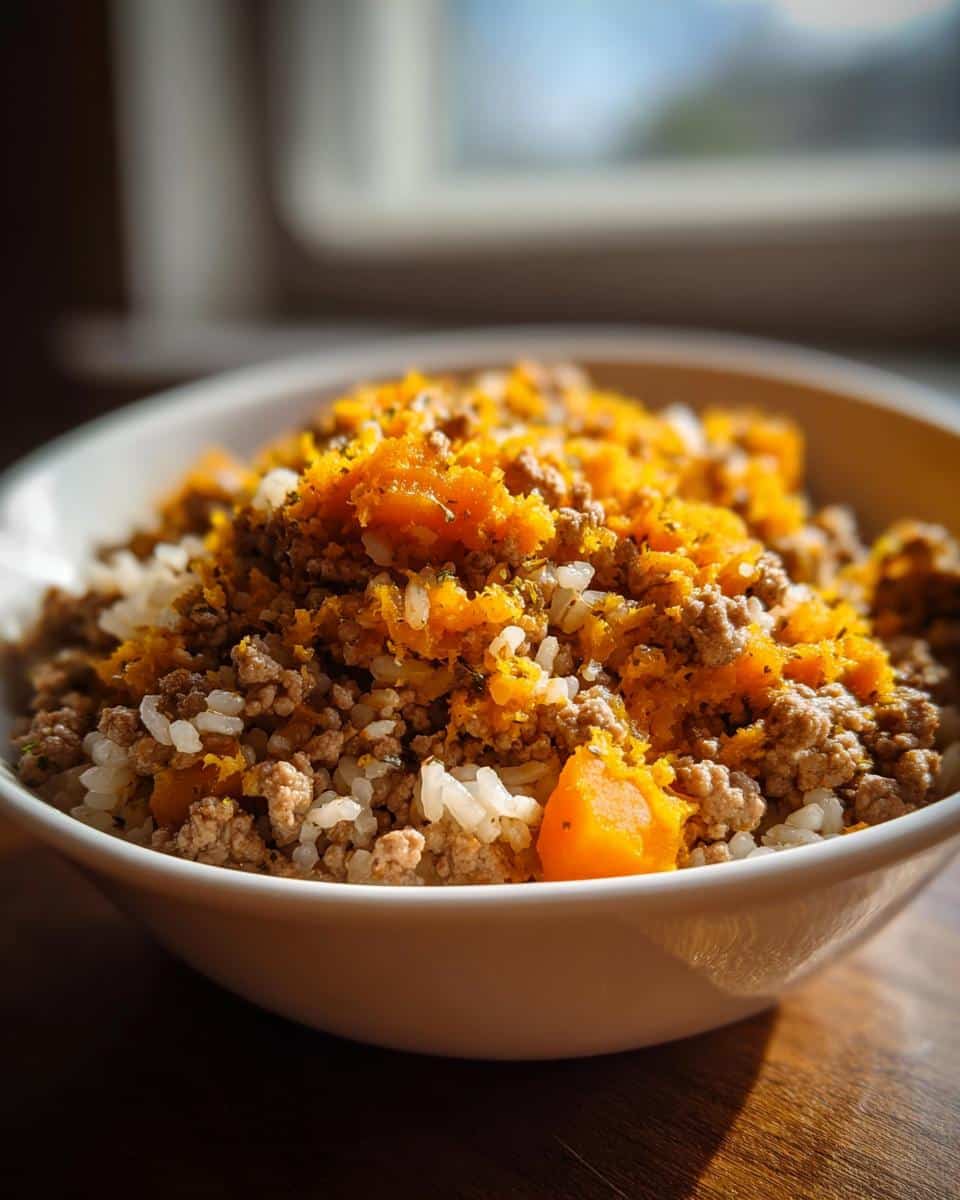 A white bowl filled with Beef & Pumpkin Mini-Batch Dog Food, showing ground beef, white rice, and mashed pumpkin topping.