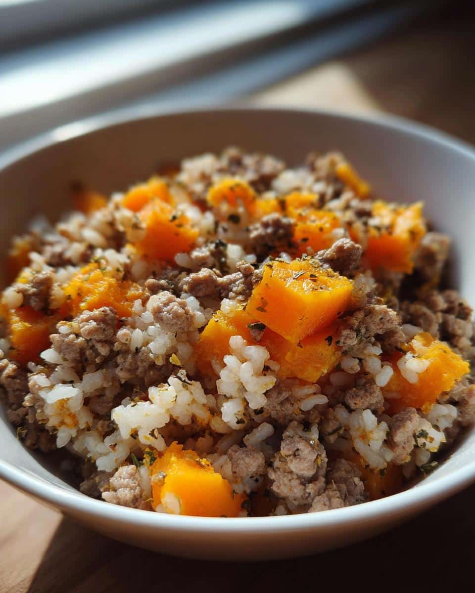 Close-up of Beef & Pumpkin Mini-Batch Dog Food with rice and herbs in a white bowl.