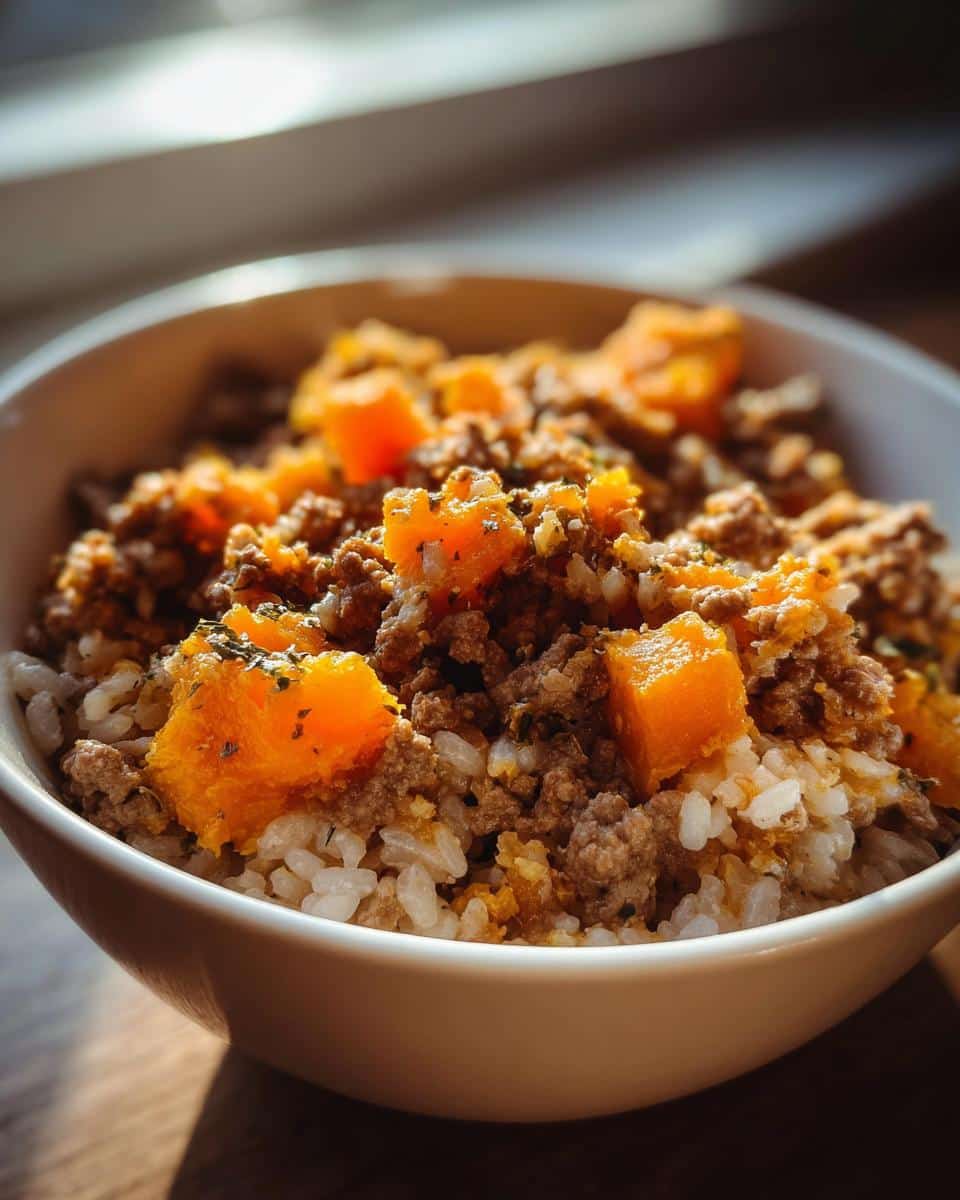 Close-up of a white bowl filled with Beef & Pumpkin Mini-Batch Dog Food, showing ground beef, rice, and bright orange pumpkin chunks.