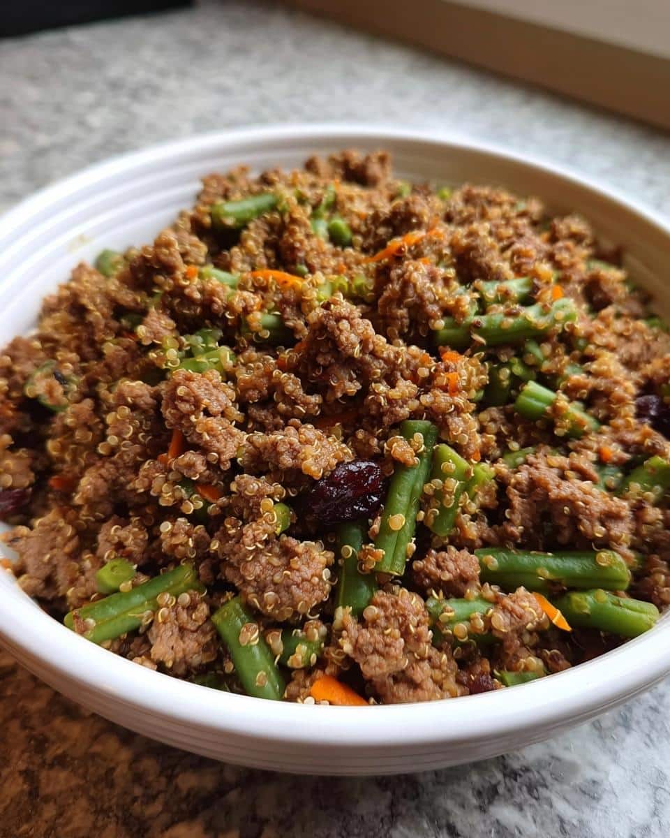 Close-up of homemade Beef, Quinoa Dog Food mixed with green beans and carrots in a white bowl.