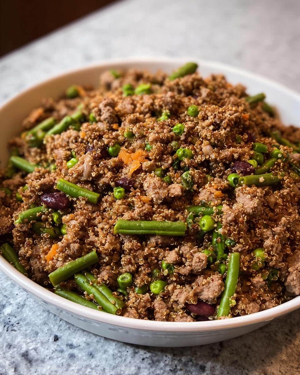 A close-up of homemade Beef, Quinoa & Green Beans Dog Food mixture in a white bowl.