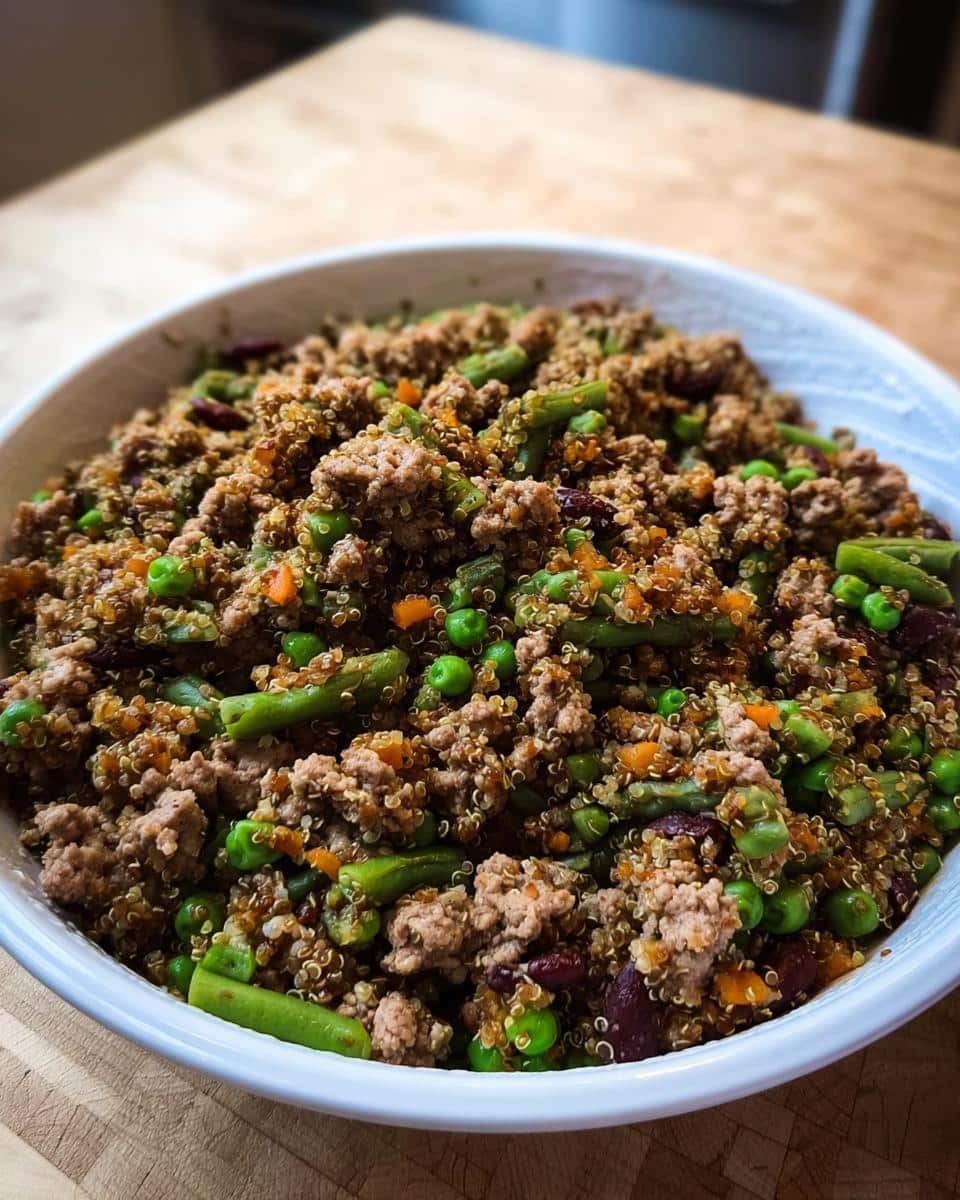 A white bowl filled with homemade Beef, Quinoa & Green Beans Dog Food, mixed with peas and carrots.