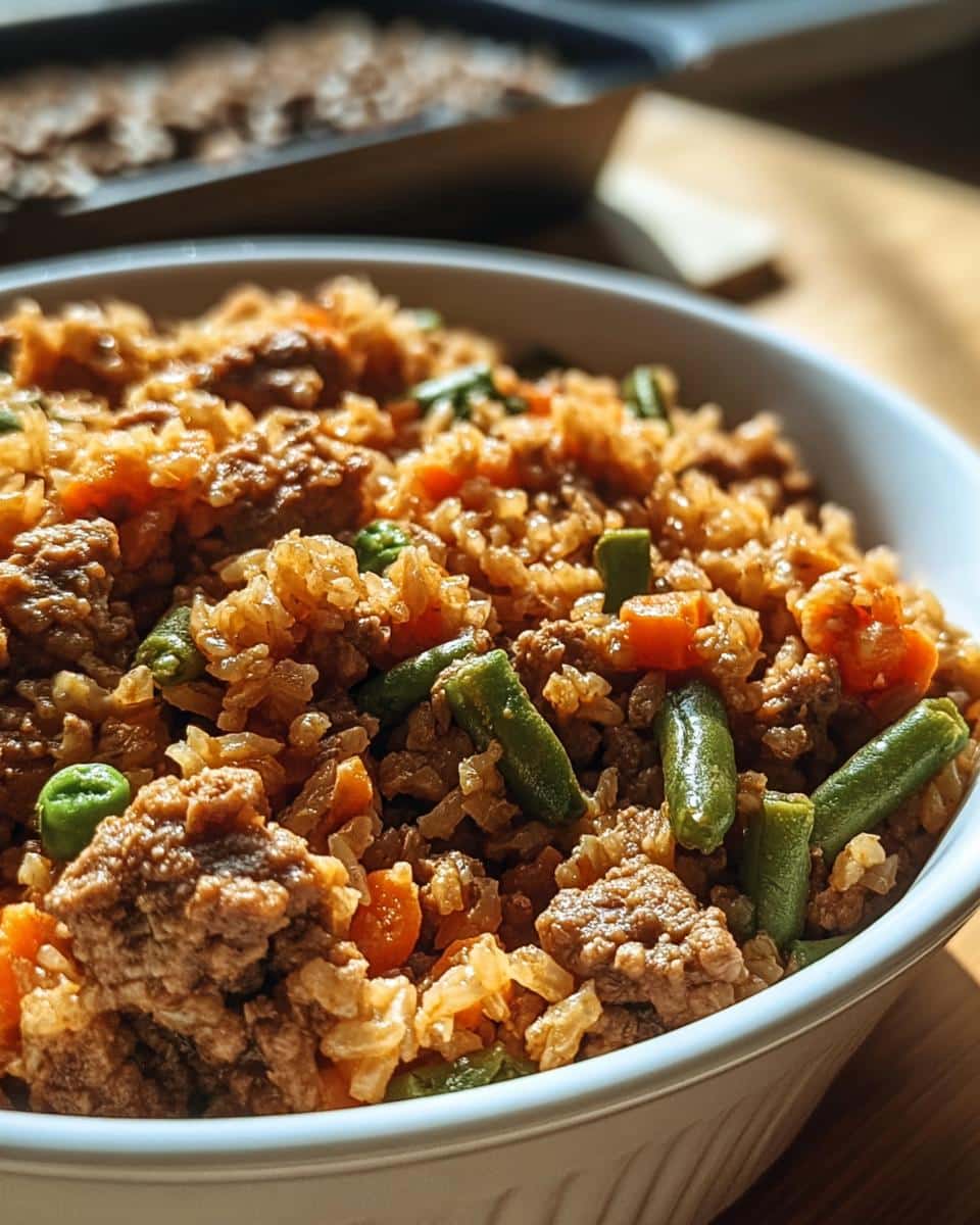 Close-up of a white bowl filled with homemade Beef, Quinoa & Green Beans Mini-Batch Dog Food for small dogs.