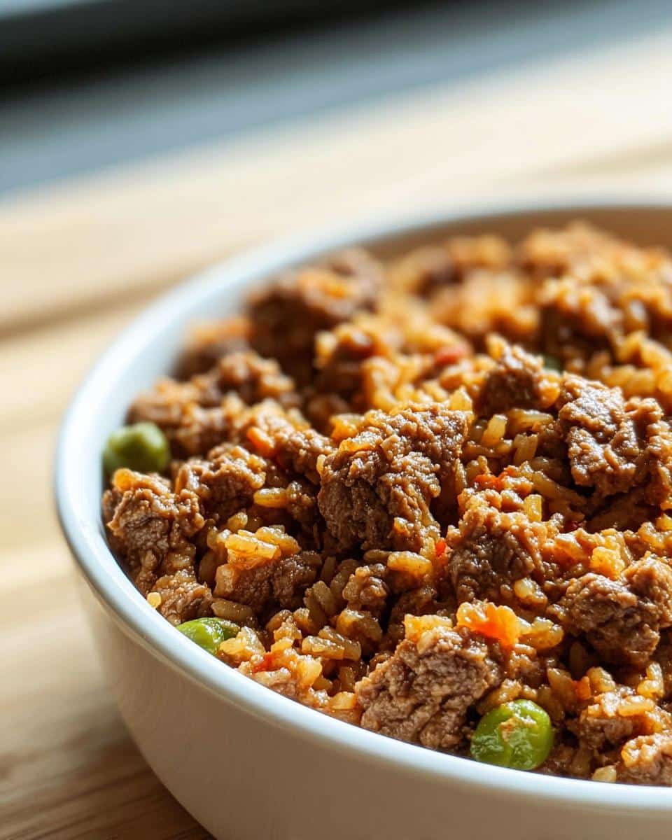 Close-up of homemade Beef, Quinoa & Green Beans Mini-Batch Dog Food in a white bowl.