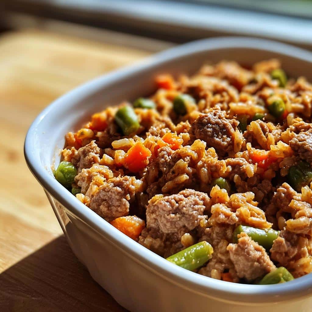Close-up of homemade Beef, Quinoa & Green Beans Mini-Batch Dog Food in a white bowl.