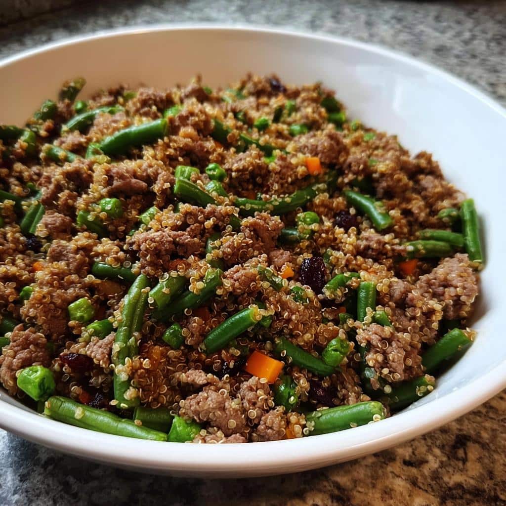 Close-up of homemade Beef, Quinoa Dog Food mix featuring ground beef, green beans, and quinoa in a white bowl.