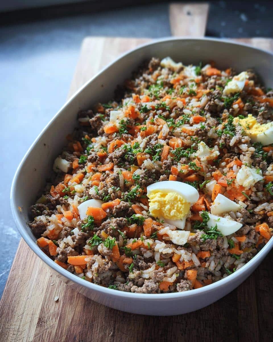 A white bowl filled with homemade Beef, Rice & Pumpkin Homemade Dog Food (Large Dogs), mixed with carrots and topped with hard-boiled egg pieces.