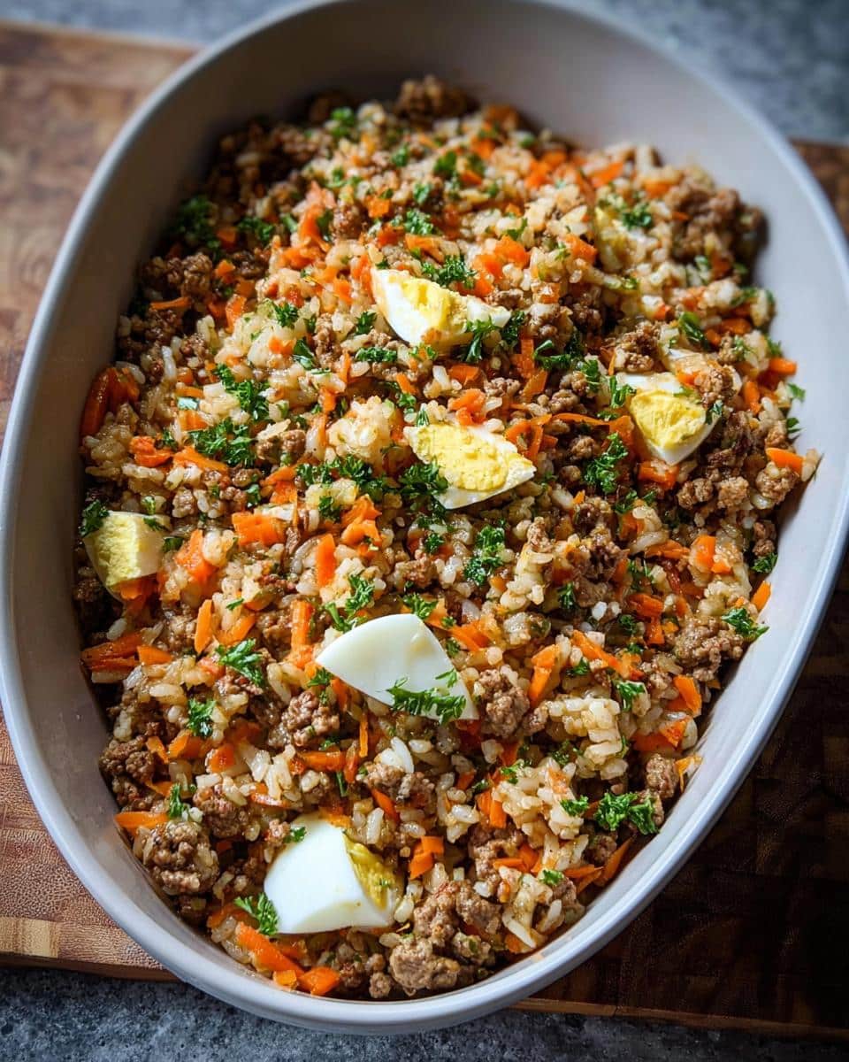 A large bowl filled with homemade Beef, Rice & Pumpkin Homemade Dog Food, mixed with carrots and topped with hard-boiled egg wedges.