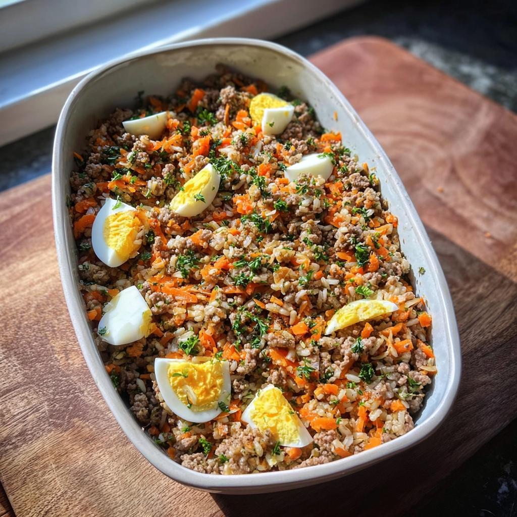 A large dish of homemade Beef, Rice & Pumpkin Homemade Dog Food topped with sliced hard-boiled eggs.