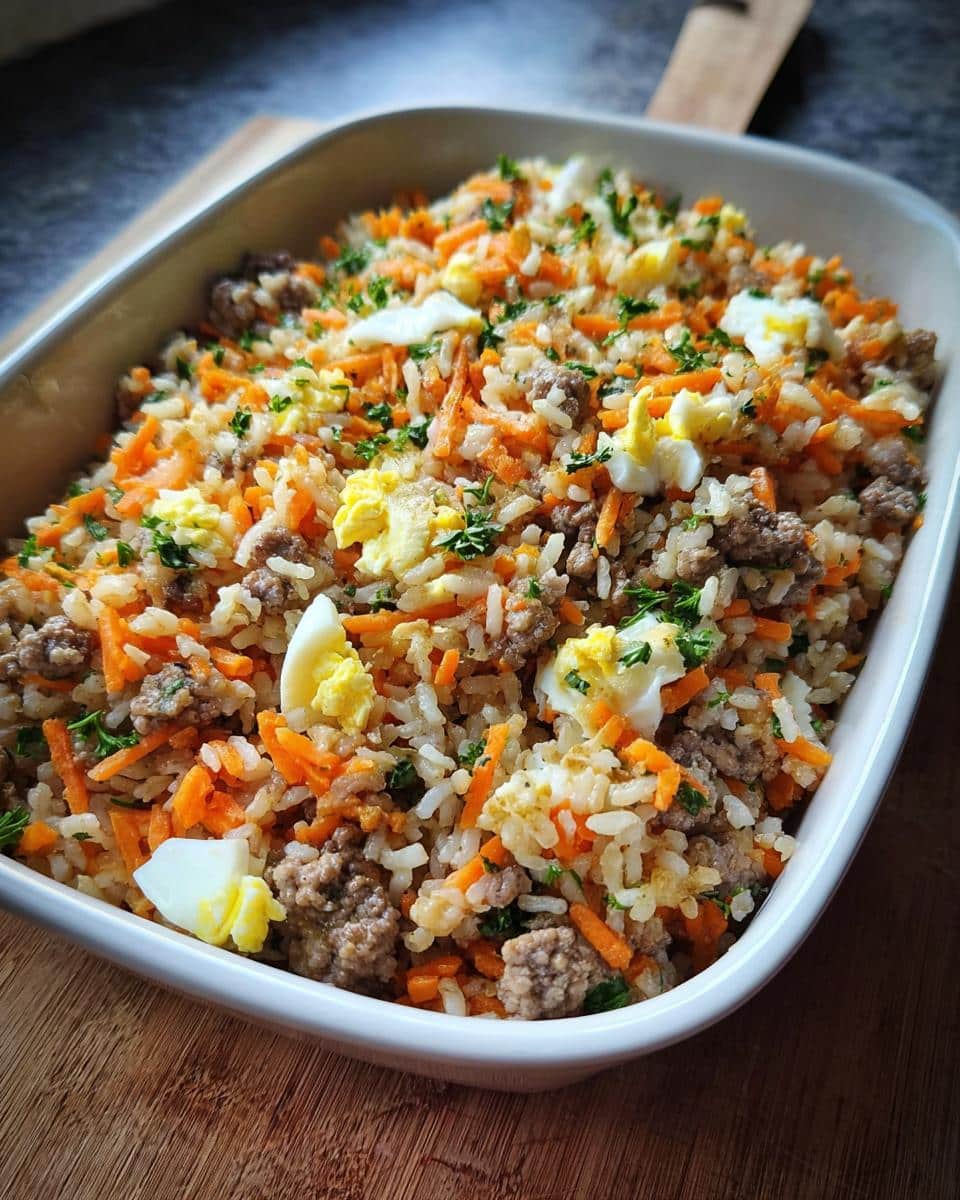 A white dish filled with homemade Beef, Rice & Pumpkin Homemade Dog Food, showing ground beef, rice, shredded carrots, and chopped hard-boiled egg.